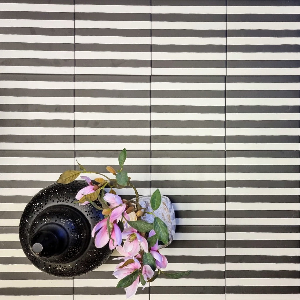 Pinstripes Black Striped Moroccan Tiles 20cm x 20cm