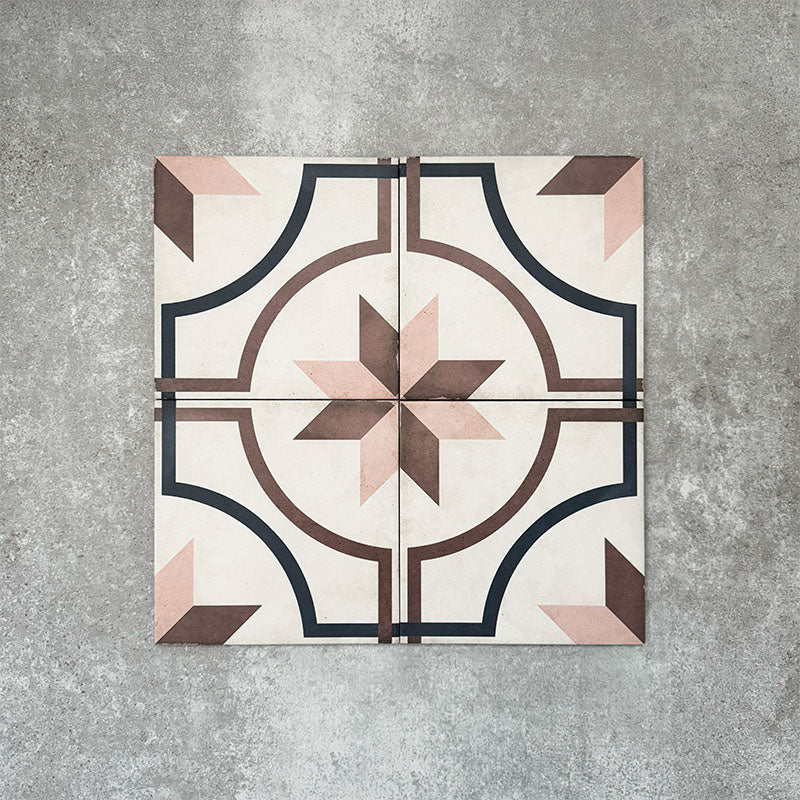Viscount Rose 20×20cm Victorian-style porcelain wall and floor tiles laid in a repeating star and circular geometric pattern in soft rose, warm brown and deep navy, shown as a full tile layout highlighting the classic Victorian-inspired design.