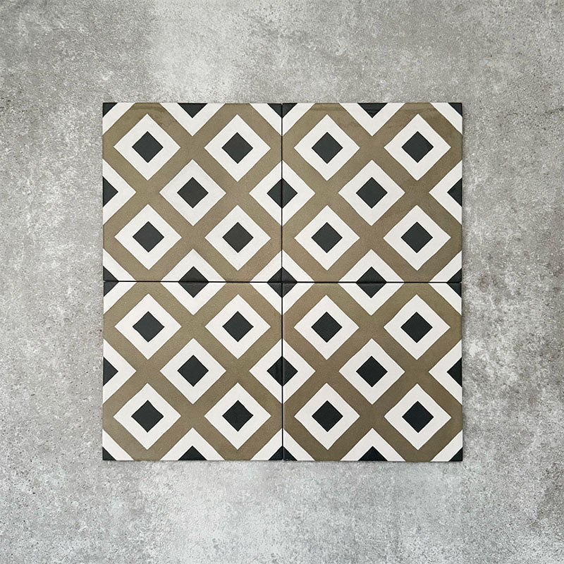Viscount Park Road 20×20cm Victorian-style porcelain wall and floor tiles displayed as a four-tile layout, showcasing the repeating geometric diamond pattern in olive green, white and dark grey on a neutral grey background.