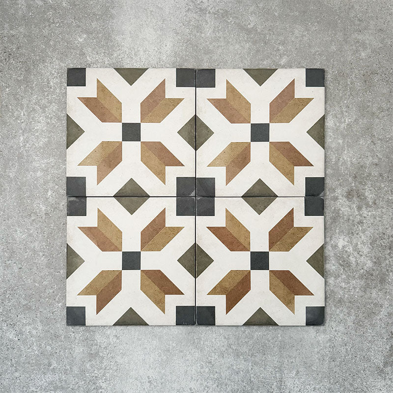 Viscount High Street 20×20cm Victorian-style porcelain wall and floor tiles laid in a repeating star-inspired geometric pattern in olive green, mustard, warm brown and charcoal tones, shown as a full tile layout highlighting the classic Victorian design.