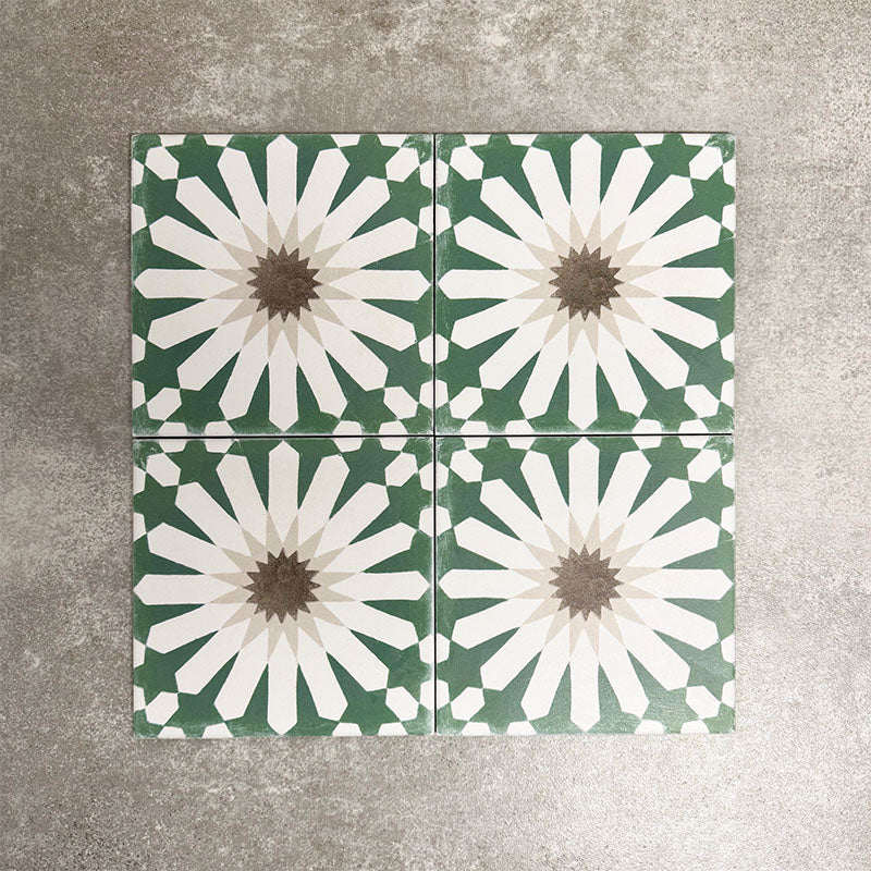 Souk Green A 20×20cm Moroccan-style porcelain tiles arranged in a green, white and beige geometric pattern.