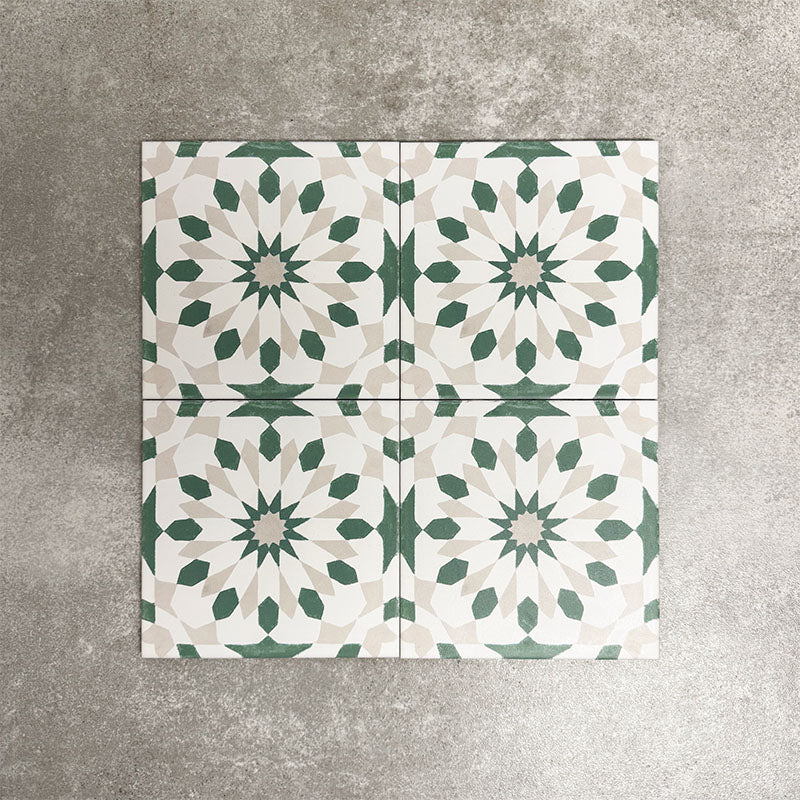 Souk Green A 20×20cm Moroccan-style porcelain tiles arranged in a green, white and beige geometric pattern.