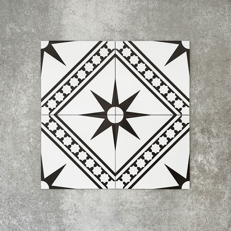 Gilgamesh Blanco Vintage White Moroccan style 20x20cm patterned tiles, shown as a flat lay to highlight the repeating black and white geometric star pattern.
