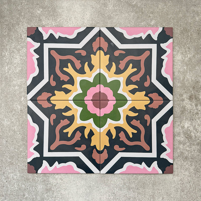 Cuba Havana Moroccan-style porcelain tiles in a 20×20cm square format, arranged in a geometric pattern featuring navy backgrounds with pink, green and mustard detailing, highlighting the tile’s bold symmetry, intricate motifs and decorative encaustic-style design.