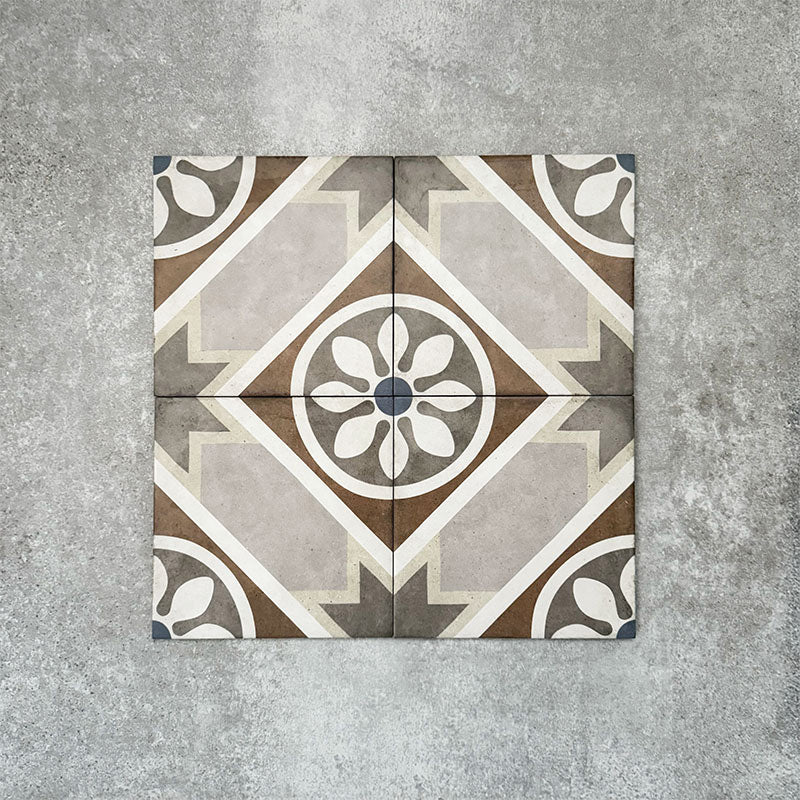 Viscount Heythrop 20×20cm Victorian-style porcelain wall and floor tiles laid in a repeating geometric floral pattern with circular motifs in soft grey, warm beige, taupe and muted blue tones, shown as a full tile layout highlighting the classic Victorian-inspired design.