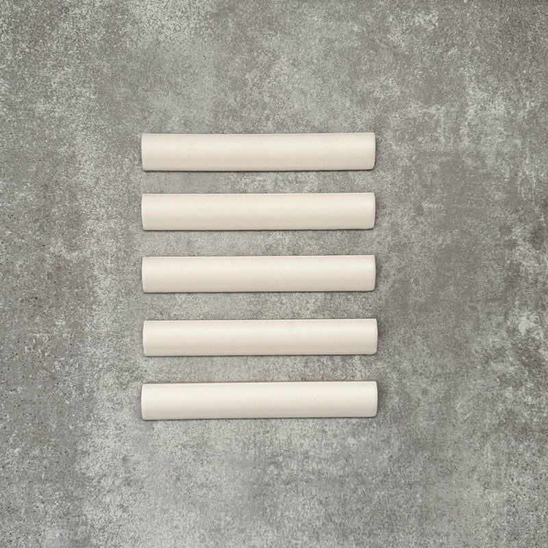 Zellige Chalk White Moroccan-style bullnose tiles in a 3 × 20cm format, shown in a soft matt ceramic finish.