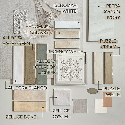 Interior moodboard featuring Allegra Celadon Green Gloss Brick ceramic tiles in a 6 × 25cm format, styled with complementary neutral tiles, trims and textures to showcase the soft green tones, glossy finish and handmade-style character.
