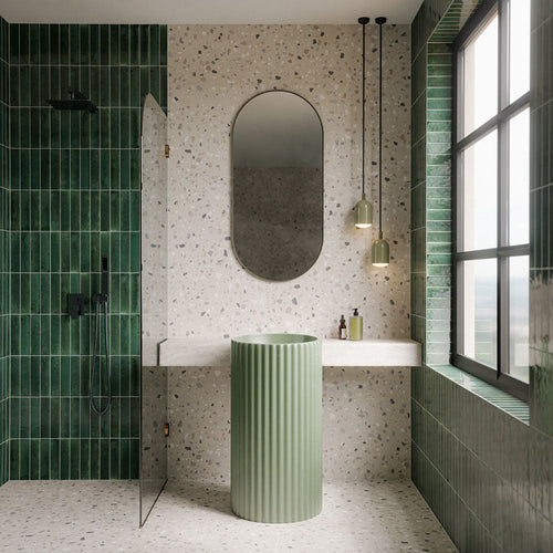 Bathroom featuring Allegra Green 6cm x 25cm gloss brick tiles across the shower walls and window surround, showcasing rich green tonal variation and a glossy finish, paired with terrazzo effect tiles and a fluted sage green basin.