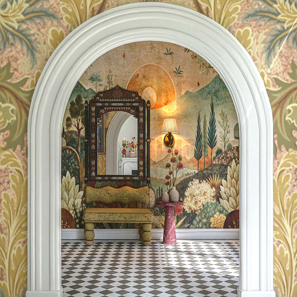 Hallway featuring Amalfi Carrara Square 11cm x 11cm vintage marble floor tiles, laid in a black and white chequerboard pattern and paired with arched doorways, decorative wallpaper and eclectic furnishings.