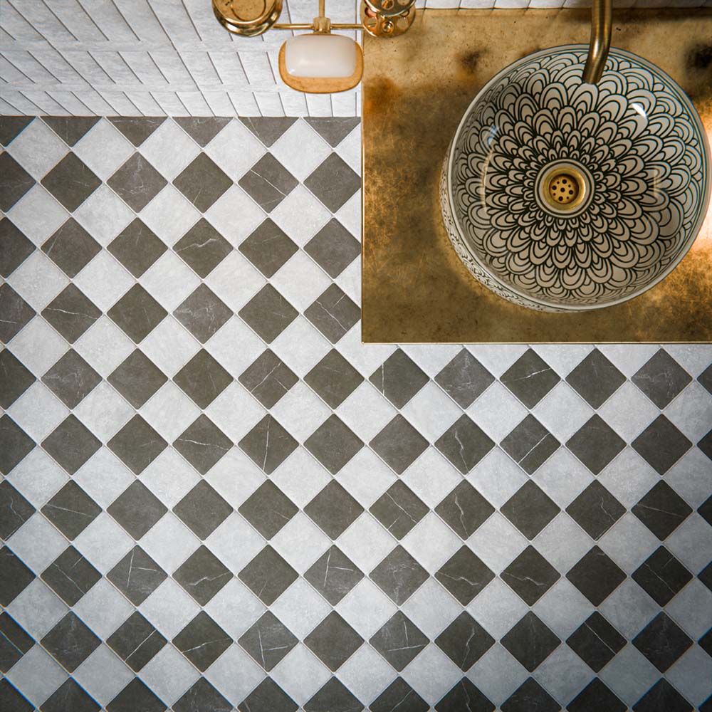 Bathroom featuring Amalfi Square Nero Vintage Marble 11x11cm wall and floor tiles, laid in a diagonal chequerboard pattern, showcasing soft grey and dark tones, paired with brass fittings, a fluted vanity unit, and a classic contemporary finish.