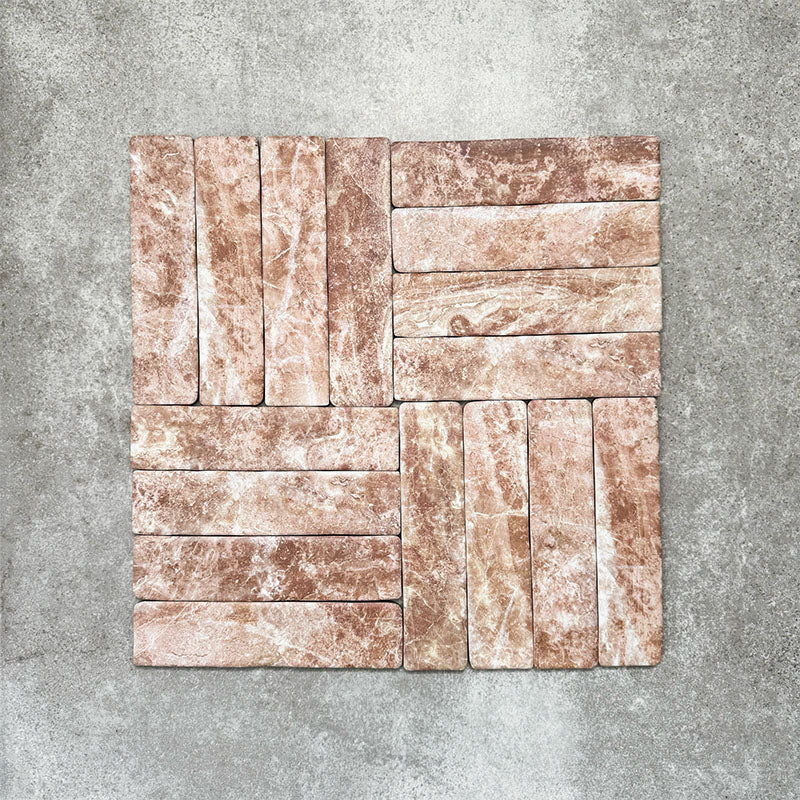 Product image of Amalfi Brick Rouge Vintage Marble wall and floor tiles in a 5.4cm x 22cm format, arranged in a basketweave pattern, showcasing warm blush pink marble effect detailing and natural tonal variation.