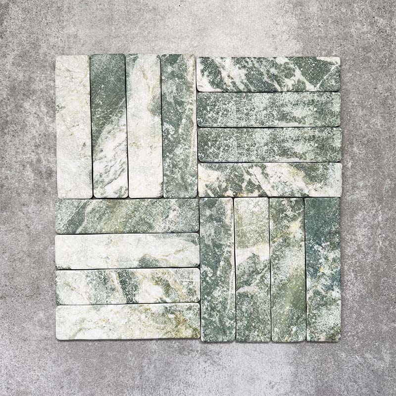 Product image of Amalfi Brick Salvia Vintage Marble wall and floor tiles in a 5.4cm x 22cm format, arranged in a basketweave pattern, showcasing green and white marble effect detailing with natural veining and tonal variation.