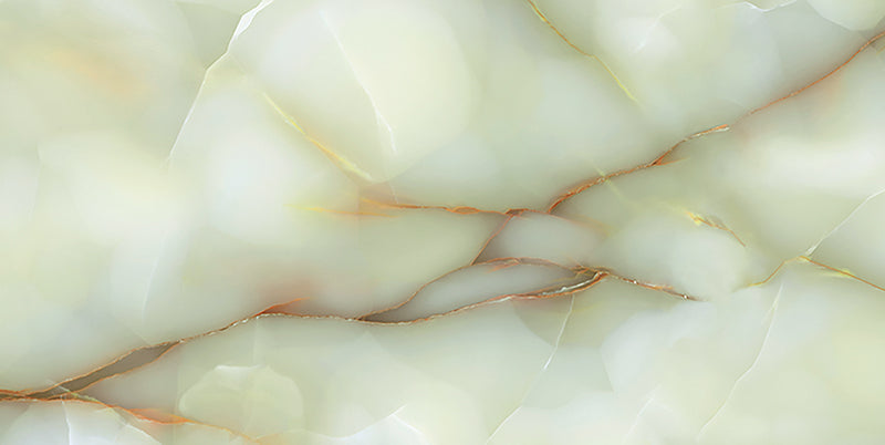 Close-up of Anastasia Jade Green Onyx Matt 60 × 120cm stone effect tile, featuring soft green tones with flowing gold and amber veining, creating a layered, organic pattern with a smooth matt finish.