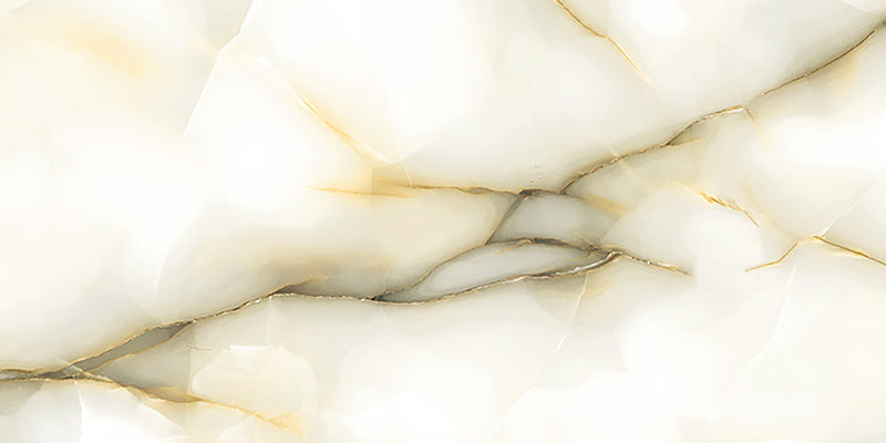 Close-up of Anastasia Pearl Onyx Matt 60 × 120cm stone effect tile, featuring soft cream tones with flowing grey and gold veining, creating a natural, layered look with a refined matt finish.
