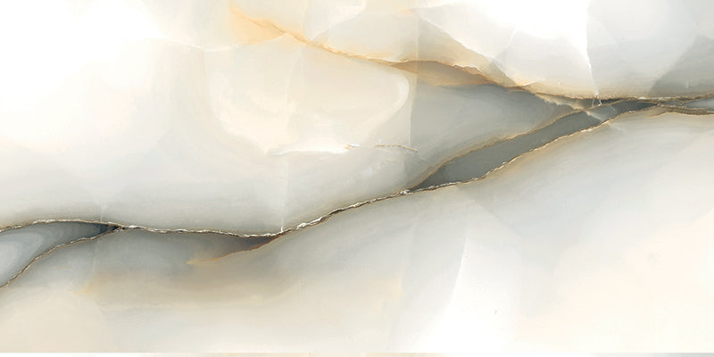 Close-up of Anastasia Pearl Onyx Matt 60 × 120cm stone effect tile, featuring soft cream tones with flowing grey and gold veining, creating a natural, layered look with a refined matt finish.