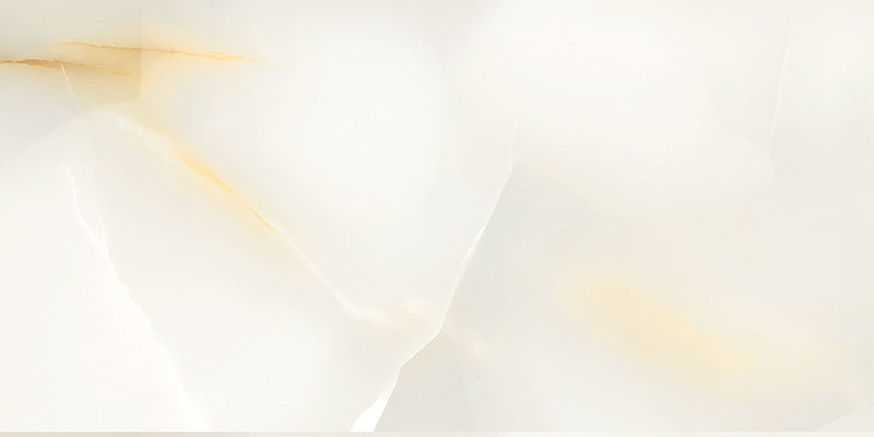 Close-up of Anastasia Pearl Onyx Polished 60 × 120cm stone effect tile, featuring soft cream tones with flowing grey and gold veining, creating a natural, layered pattern with a high-gloss polished finish.