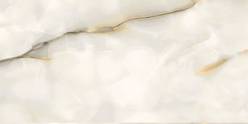 Close-up of Anastasia Pearl Onyx Polished 60 × 120cm stone effect tile, featuring soft cream tones with flowing grey and gold veining, creating a natural, layered pattern with a high-gloss polished finish.