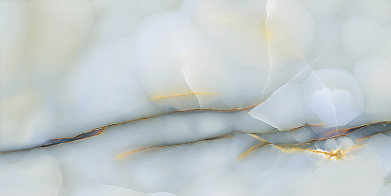 Close-up of Anastasia Turchese Blue Onyx Matt 60 × 120cm stone effect tile, featuring soft blue tones with flowing gold and grey veining, creating a layered, organic pattern with a smooth matt finish.