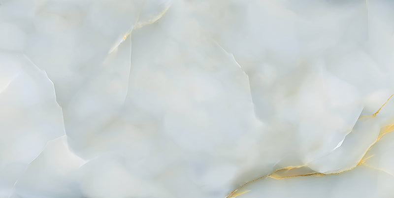 Close-up of Anastasia Turchese Blue Onyx Polished 60 × 120cm stone effect tile, featuring soft blue tones with flowing gold and grey veining, creating a layered, organic pattern with a high-gloss polished finish.