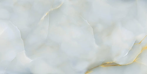Close-up of Anastasia Turchese Blue Onyx Polished 60 × 120cm stone effect tile, featuring soft blue tones with flowing gold and grey veining, creating a layered, organic pattern with a high-gloss polished finish.