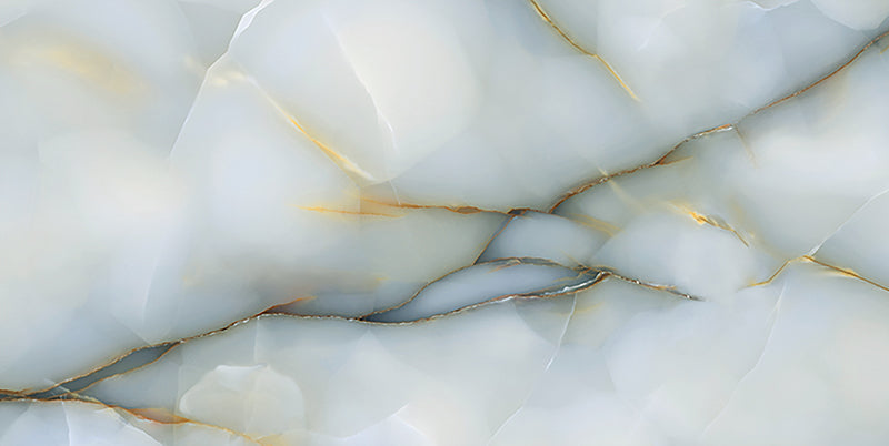 Close-up of Anastasia Turchese Blue Onyx Polished 60 × 120cm stone effect tile, featuring soft blue tones with flowing gold and grey veining, creating a layered, organic pattern with a high-gloss polished finish.