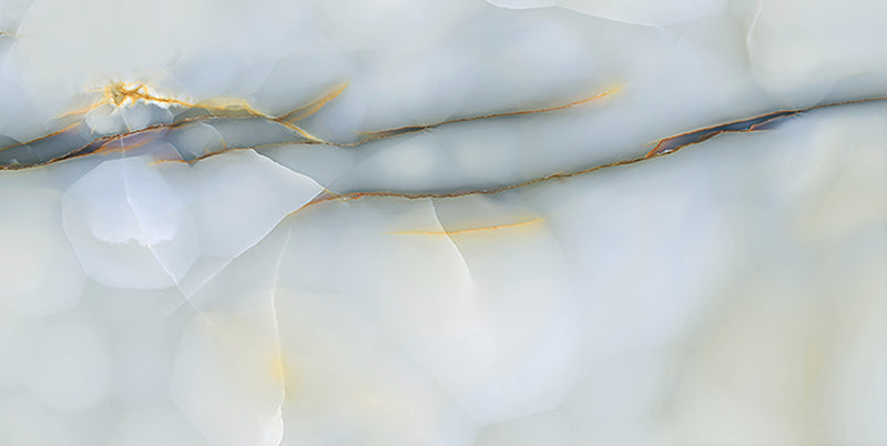 Close-up of Anastasia Turchese Blue Onyx Polished 60 × 120cm stone effect tile, featuring soft blue tones with flowing gold and grey veining, creating a layered, organic pattern with a high-gloss polished finish.