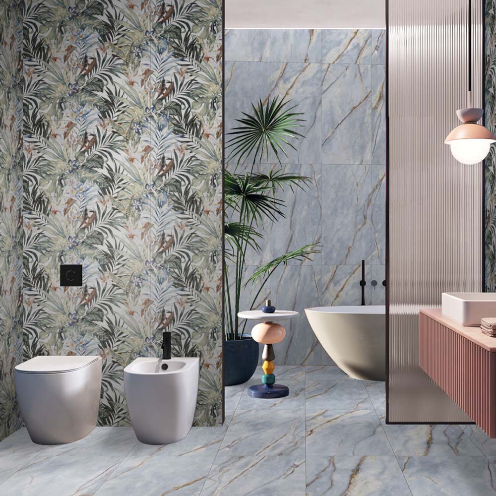 Bathroom interior featuring Bahamas 60 × 120cm porcelain wall and floor tiles, styled with a freestanding bath, tropical feature wall, statement lighting, and bold design contrasts for a vibrant, contemporary space.