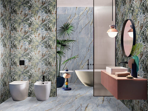 Bathroom interior featuring Bahamas 60 × 120cm porcelain wall and floor tiles, styled with a freestanding bath, tropical feature wall, statement lighting, and bold design contrasts for a vibrant, contemporary space.