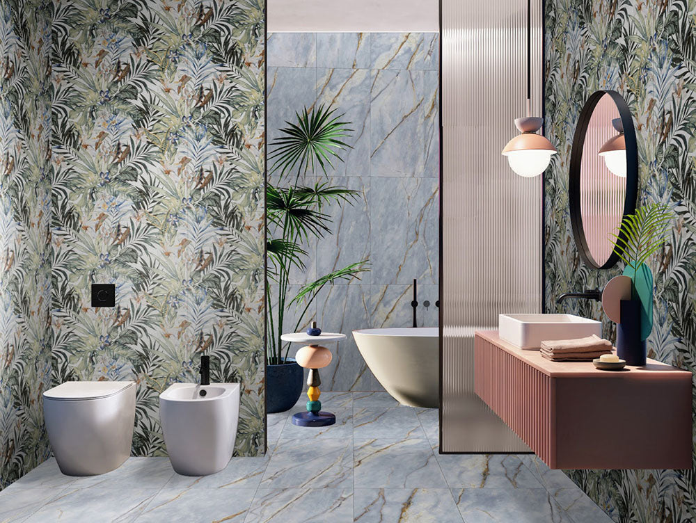Bathroom interior featuring Bahamas 60 × 120cm porcelain wall and floor tiles, styled with a freestanding bath, tropical feature wall, statement lighting, and bold design contrasts for a vibrant, contemporary space.