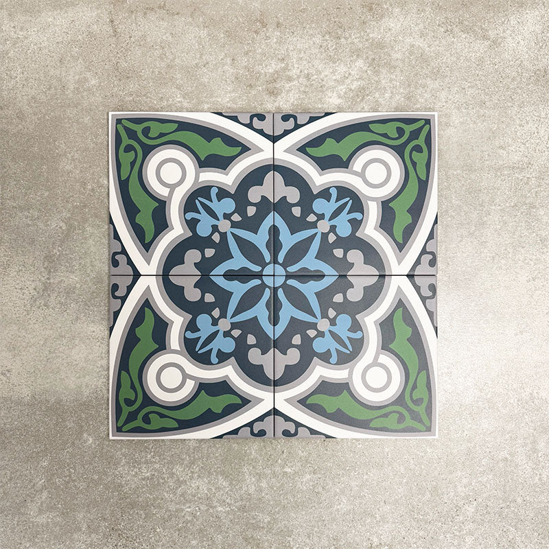 Four London Streets Baker Street 20x20cm Victorian Moroccan style porcelain tiles arranged together to showcase the repeating blue, green, grey and white geometric pattern inspired by traditional Victorian style decorative floor tiles.