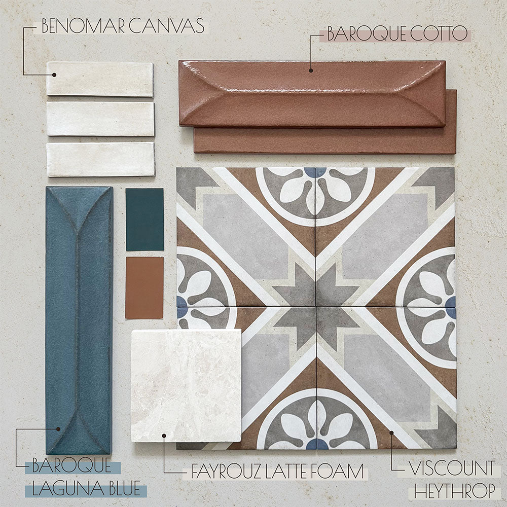 Moodboard featuring decorative patterned tiles, marble-effect tiles, canvas-effect neutrals and baroque-style gloss brick tiles in blue and cotto tones, styled together to showcase coordinated wall and floor tile combinations for kitchen and bathroom interiors.
