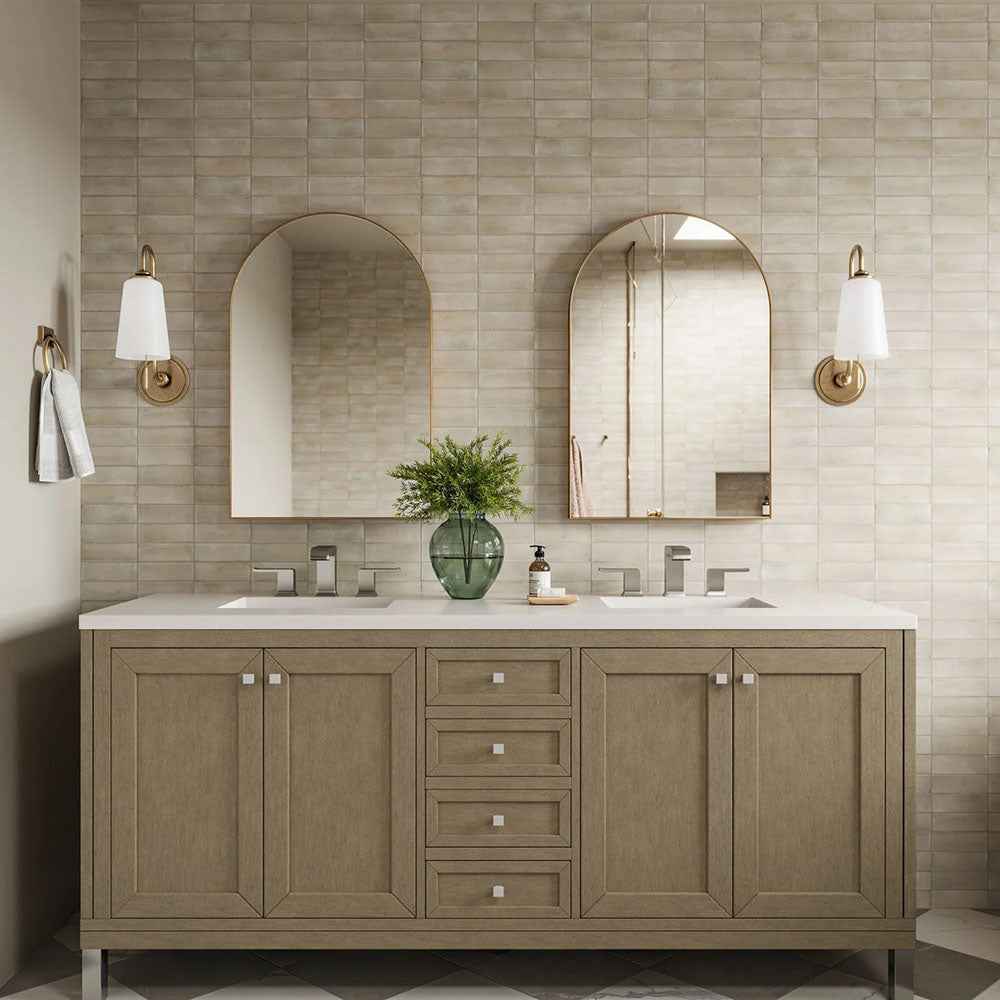 Bathroom setting featuring Benomar Canvas Moroccan style mini brick tiles in a 5x15cm format, finished in a soft matt surface. Laid in a horizontal brick pattern, the subtle tonal variation and handcrafted look create a gentle sense of texture across the wall.