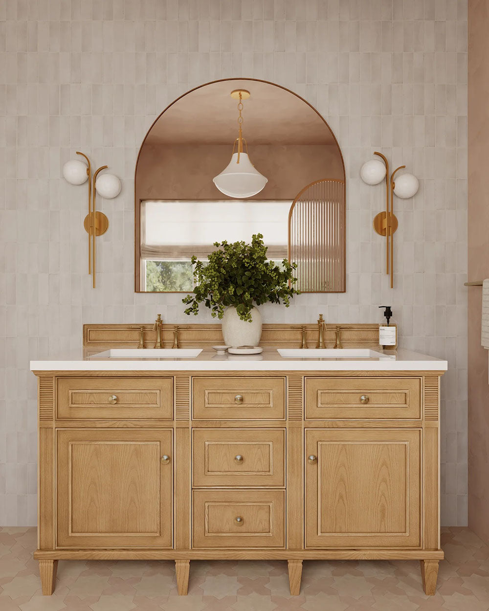 Bathroom setting featuring Benomar White Moroccan-style mini brick tiles in a 5x15cm format, arranged in a vertical layout to introduce a subtle sense of height and rhythm across the walls. The soft white tones and tonal variation create a gently textured surface, while the matt finish keeps the overall look calm and considered.
