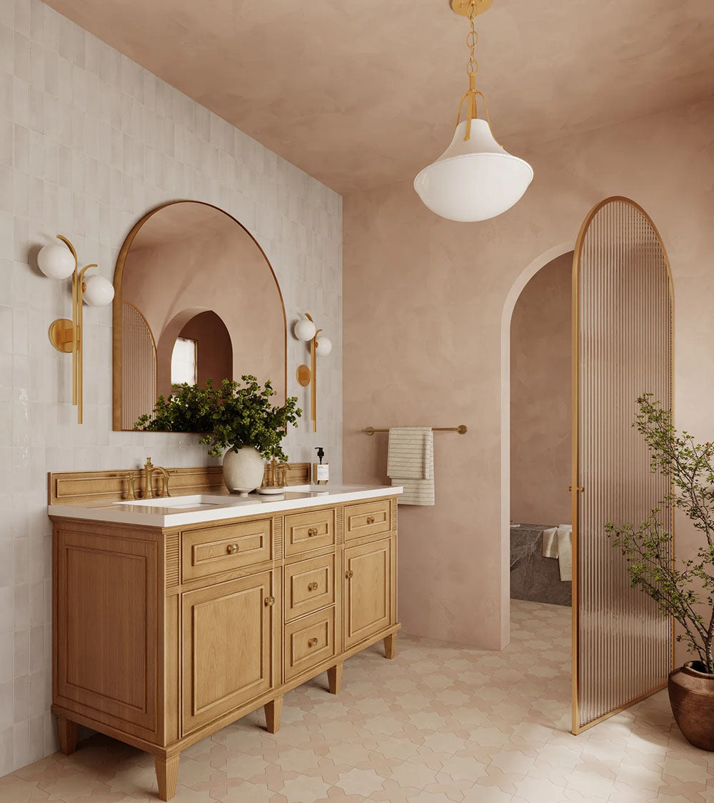 Bathroom setting featuring Benomar White Moroccan-style mini brick tiles in a 5x15cm format, arranged in a vertical layout to introduce a subtle sense of height and rhythm across the walls. The soft white tones and tonal variation create a gently textured surface, while the matt finish keeps the overall look calm and considered.
