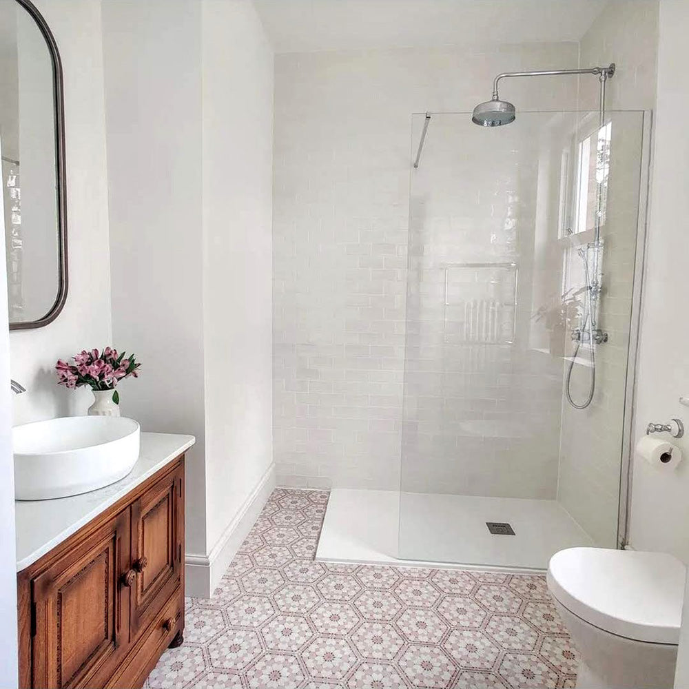 Bathroom featuring Medina Dusty Pink Moroccan-style hexagon porcelain floor tiles, 18.7 × 21.6 cm, laid in a subtle geometric pattern to add warmth and character to the space.