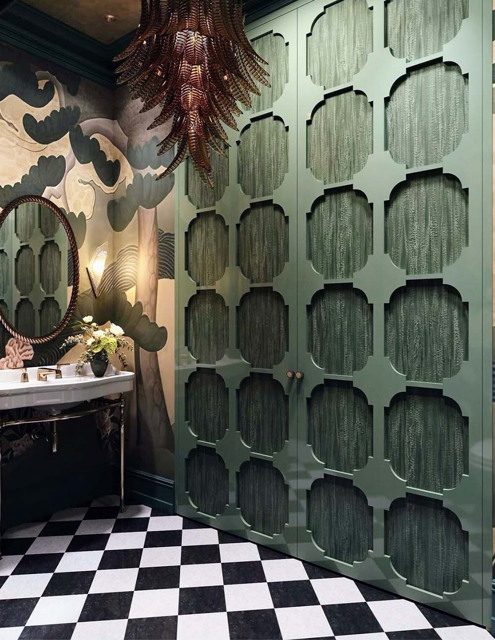 Bathroom setting featuring Manor Plain White Base 20x20cm tiles paired with contrasting black tiles in a classic chequerboard layout, creating a bold geometric floor, styled with rich wall tones and brass accents for a striking, timeless finish.