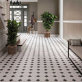 Hallway featuring Belvoir Black 33 × 33cm Victorian style porcelain floor tiles, creating a classic geometric pattern with black and white contrast. Paired with neutral walls and traditional details for a timeless, elegant finish.
