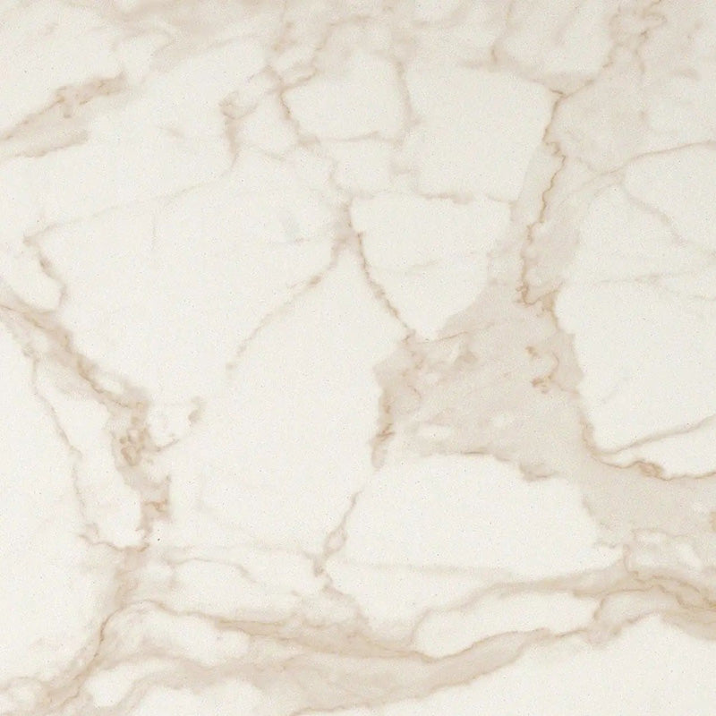 Close-up of Calacatta Oro Complement 60 × 60cm porcelain tile, highlighting a soft white base with delicate gold veining and a refined marble effect, designed to bring light and elegance to contemporary interiors.