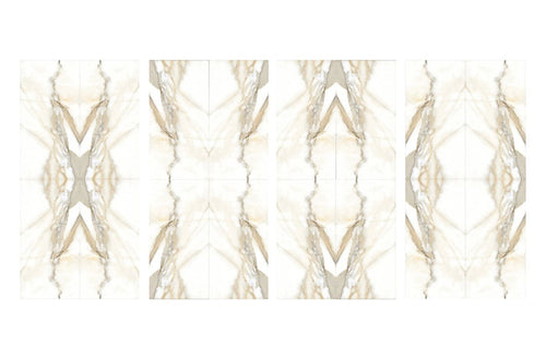 Set of Calacatta Oro Marble Book Matched A & B 60 × 120cm porcelain tiles, displaying multiple mirrored layout options with flowing gold and soft grey veining, designed to create striking symmetrical feature walls.