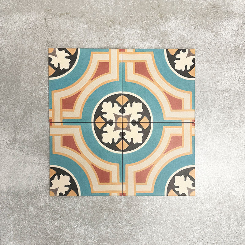 Four London Streets Carnegie Hall 20x20cm Victorian Moroccan style porcelain tiles arranged together to display the repeating geometric pattern in teal, cream, terracotta and black tones, inspired by traditional decorative Victorian floor tile layouts.