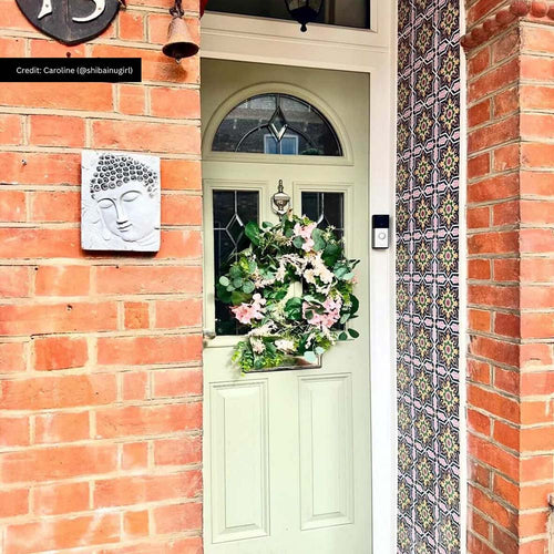Entrance featuring Cuba Havana Mini 15x15cm Moroccan-style patterned wall tiles, styled alongside exposed brickwork and a sage green front door for a colourful, characterful exterior entrance design.