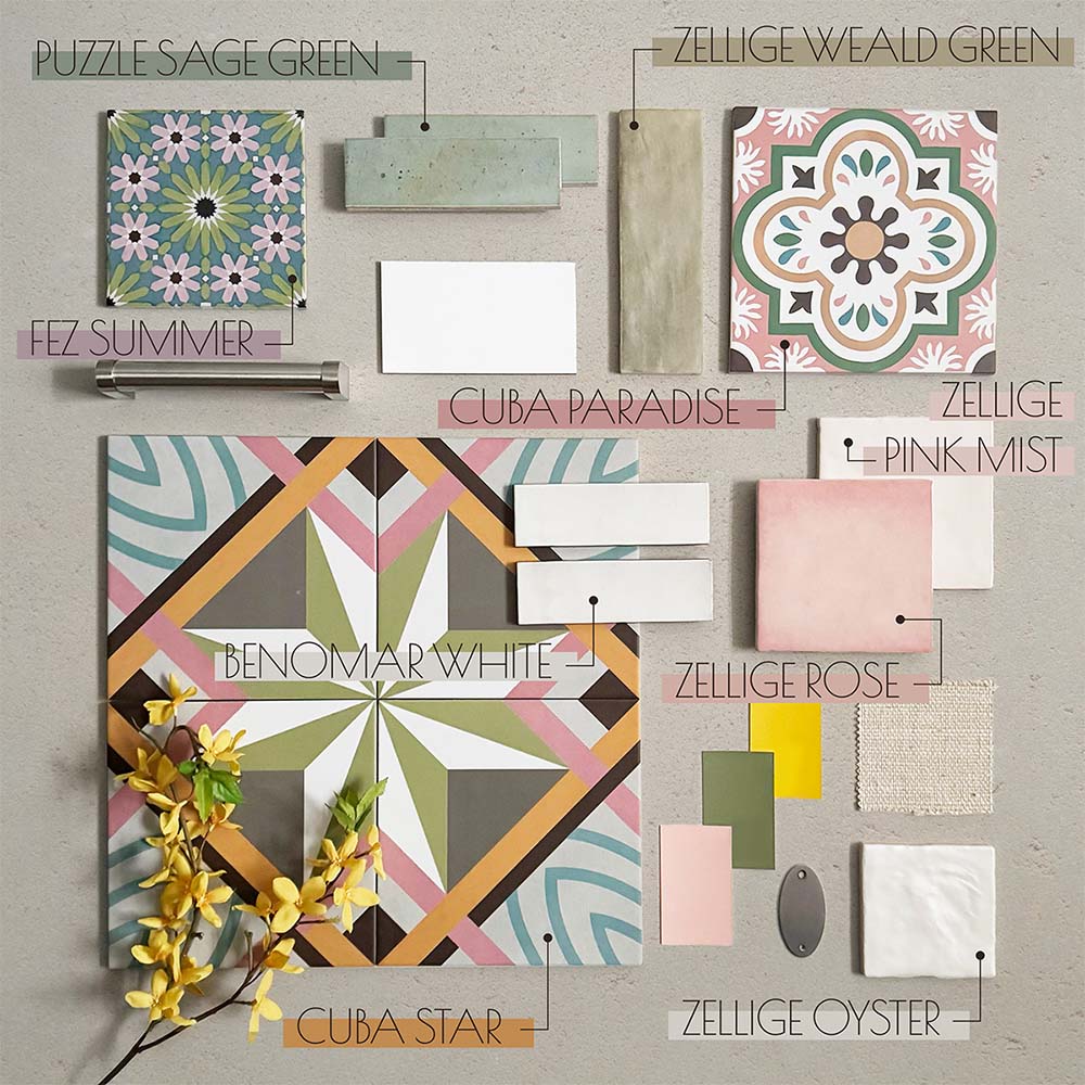 Moodboard featuring Moroccan style patterned tiles, zellige-effect wall tiles in sage green, rose and oyster tones, gloss brick tiles and decorative encaustic-effect floor tiles, styled together to showcase colourful kitchen and bathroom tile combinations.