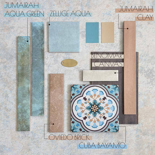 Moodboard featuring Cuba Bayamo patterned tiles, Zellige Aqua Moroccan-style tiles, Jumairah Aqua Green and Clay, Benomar Canvas, and Oviedo Brick, paired with wood, brass accents, and warm neutral and blue-green tones.