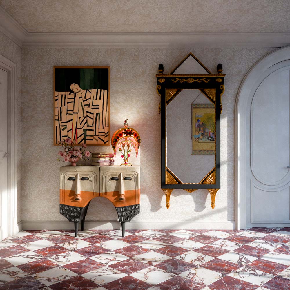 Hallway featuring Divine Levant Rouge Matt 30x30cm marble-effect chequerboard floor tiles, styled with warm red and white tones, eclectic vintage furniture, decorative wall art and classic architectural details.