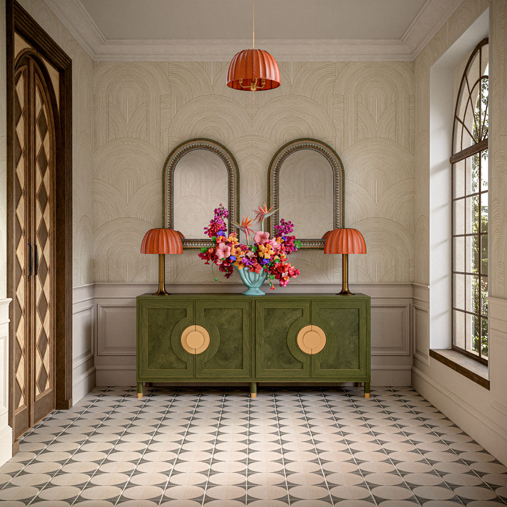 Hallway featuring Eclipse Lunar 20x20cm terrazzo-effect patterned floor tiles, styled with a statement green sideboard, colourful floral arrangement, decorative mirrors and elegant contemporary interiors with warm neutral tones.