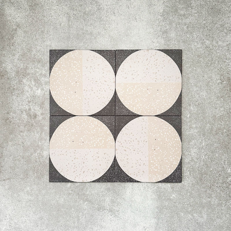Eclipse Lunar 20x20cm terrazzo-style patterned tiles featuring circular geometric detailing with speckled stone-inspired texture, designed to create bold statement walls and contemporary patterned floor interiors.