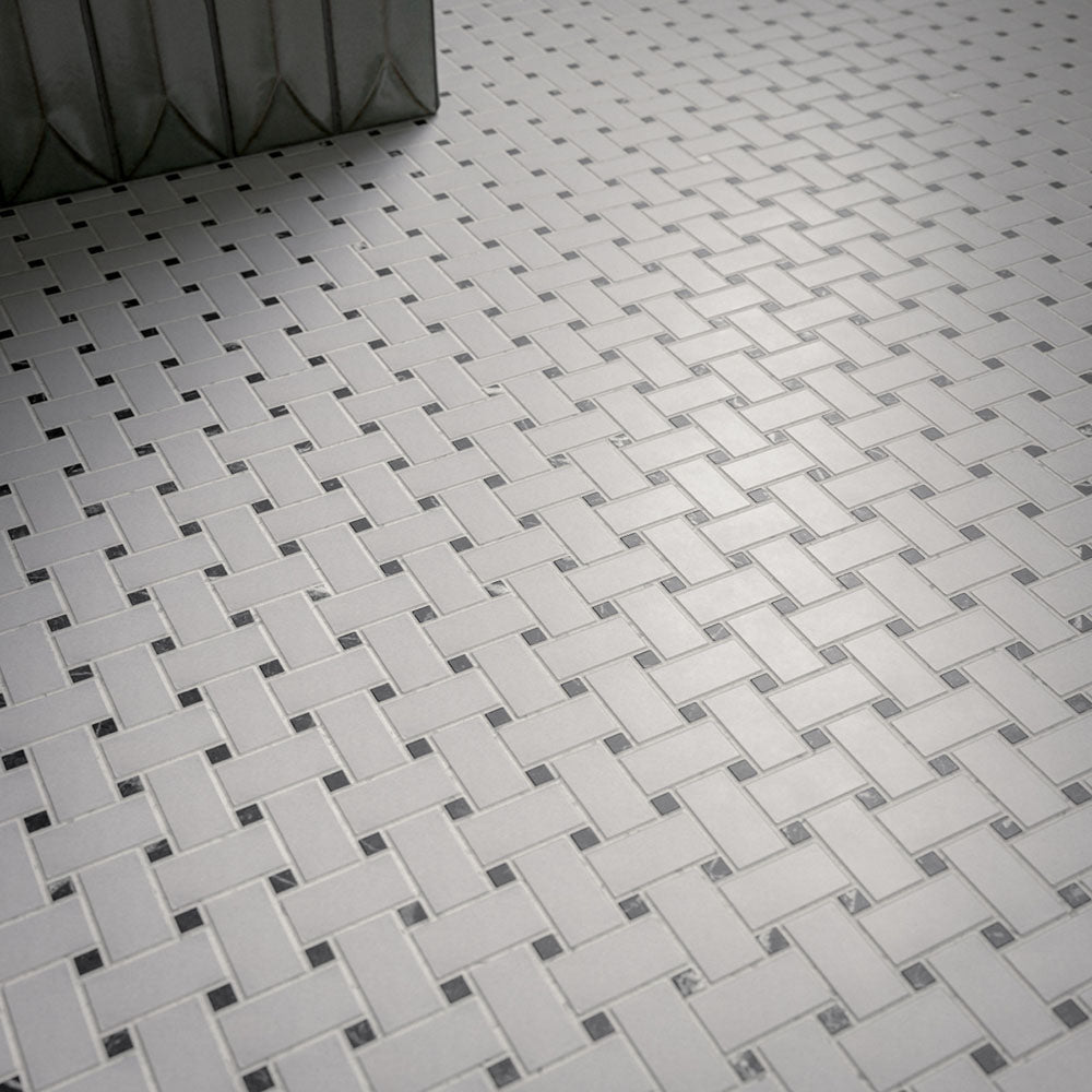 Bathroom featuring Fayrouz Black & White Basketweave Mosaic 32.5x32.5cm honed natural marble floor tiles, paired with fluted green wall tiles, brass fittings, arched shower alcoves and a luxurious boutique-inspired design.