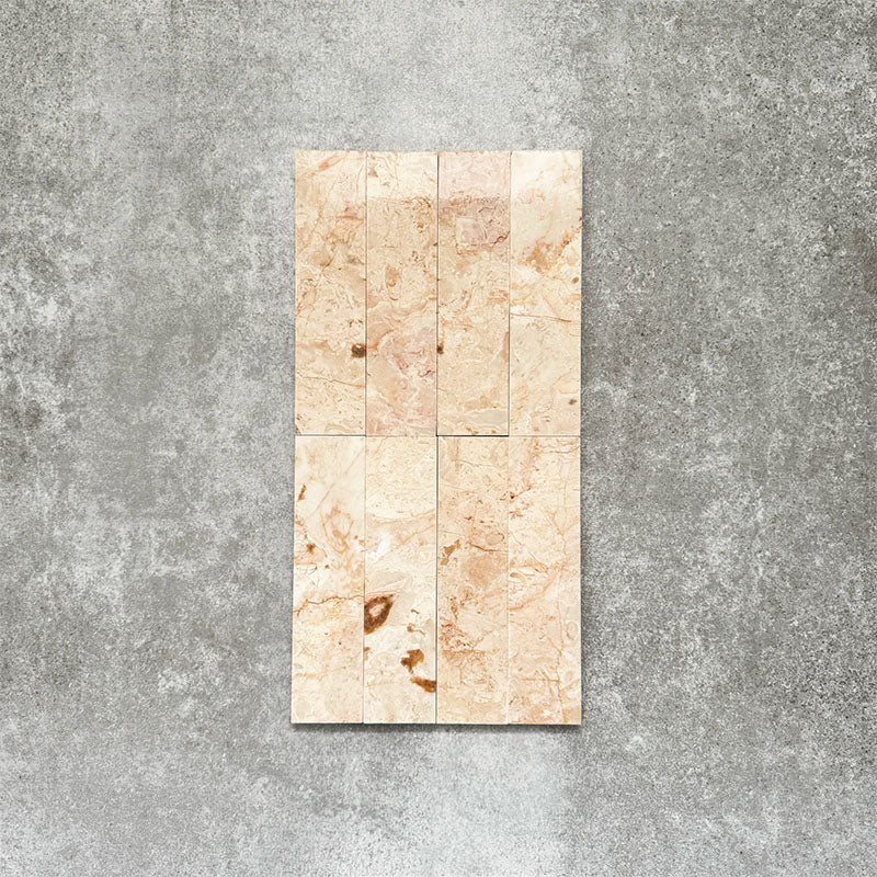 Vertical layout showcasing Fayrouz Sylvester Pink 5cm x 20cm honed natural marble tiles, featuring soft pink, cream and beige tones with natural veining, creating a timeless and elegant wall tile design.
