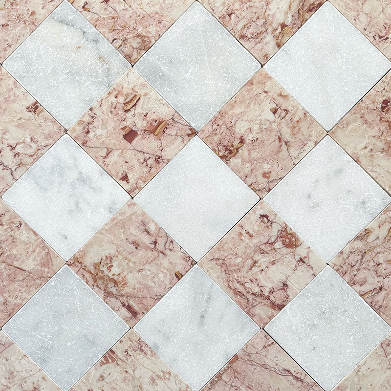 Fayrouz Sylvester Pink Honed Finish natural marble 15.2cm x 15.2cm tiles laid in a diagonal chequerboard pattern with Fayrouz White marble, showcasing distinctive natural veining, soft pink tones and timeless elegance.