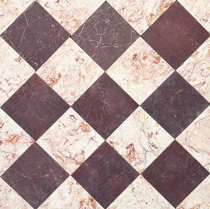 Fayrouz Sylvester Pink Honed Finish natural marble 15.2cm x 15.2cm tiles laid in a diagonal chequerboard pattern with Fayrouz Burgundy Red marble, highlighting distinctive natural veining, warm pink tones and luxurious character.